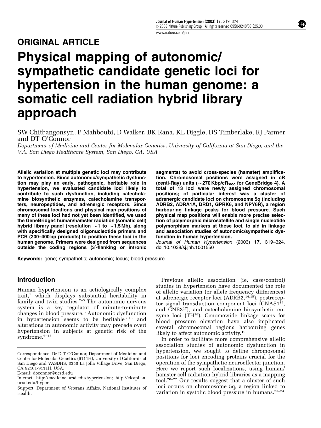 Sympathetic Candidate Genetic Loci for Hypertension in the Human Genome: a Somatic Cell Radiation Hybrid Library Approach