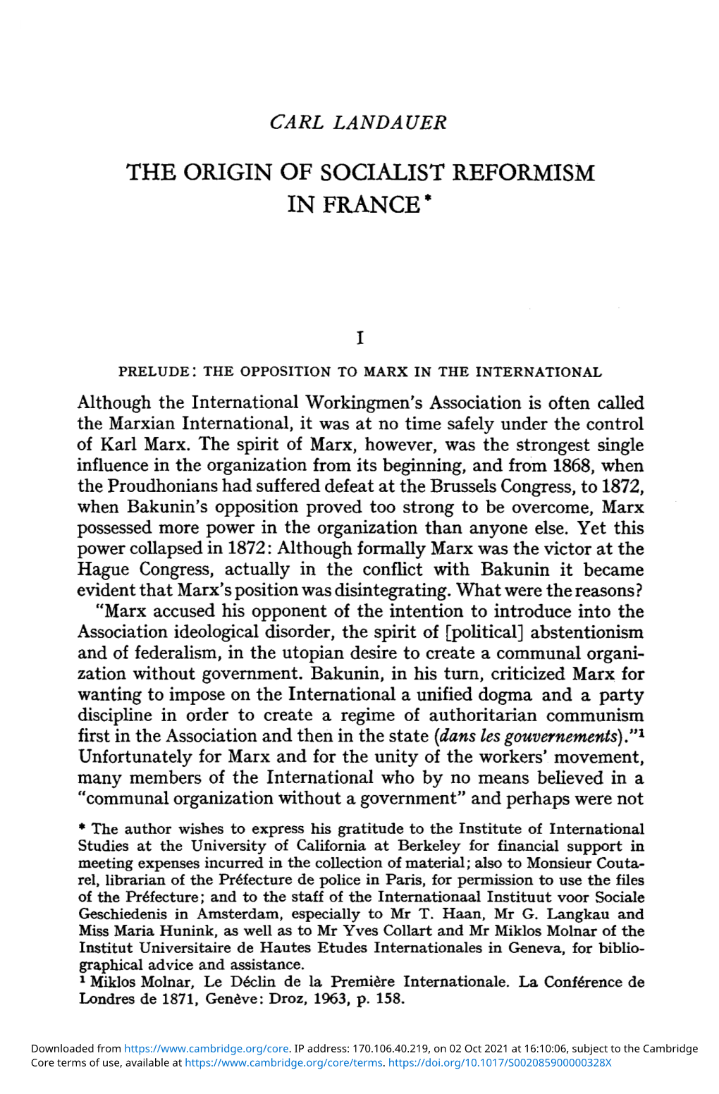 The Origin of Socialist Reformism in France*