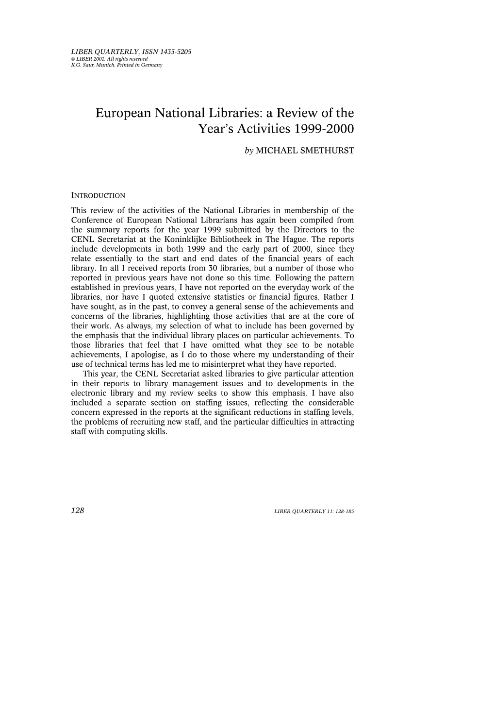 European National Libraries: a Review of the Year’S Activities 1999-2000