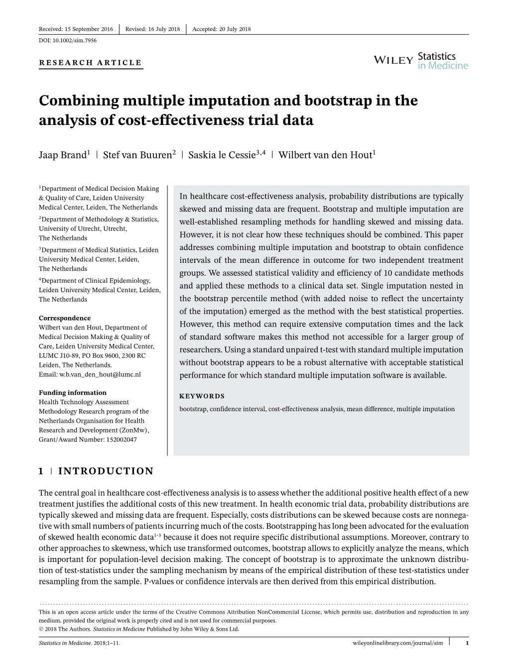 Combining Multiple Imputation and Bootstrap in the Analysis of Cost-Effectiveness Trial Data