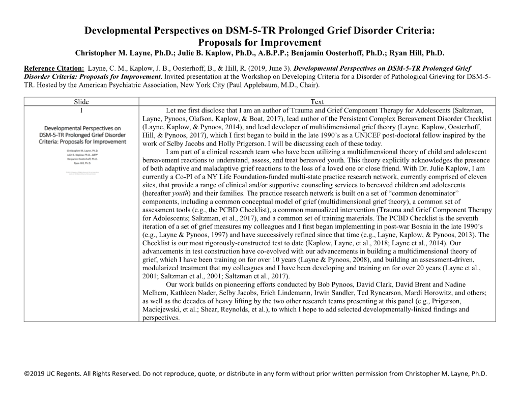 Developmental Perspectives on DSM-5-TR Prolonged Grief Disorder Criteria: Proposals for Improvement Christopher M