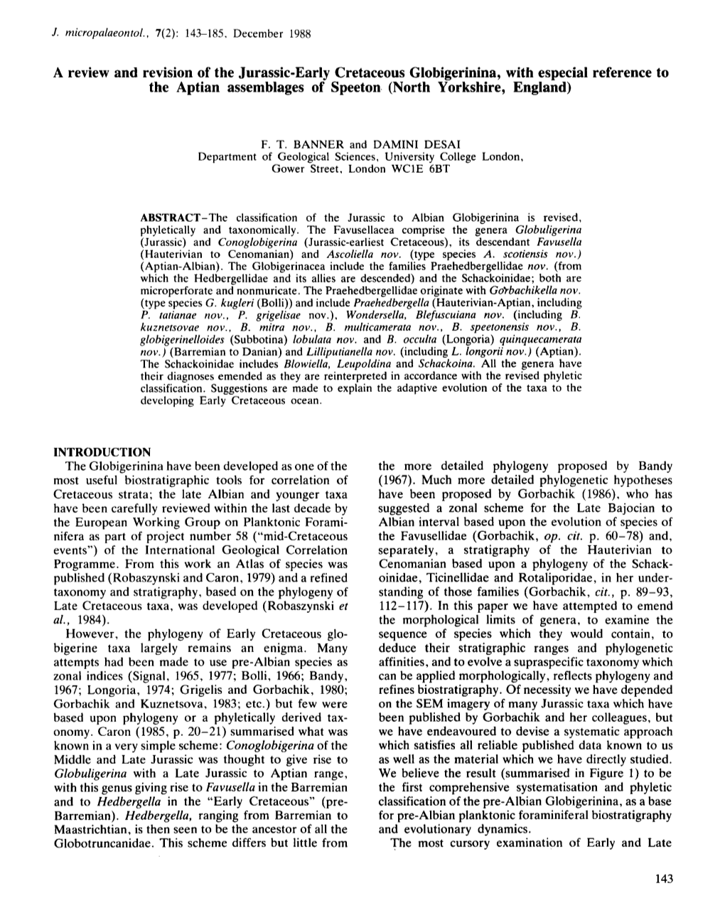 A Review and Revision of the Jurassic-Early Cretaceous Globigerinina, with Especial Reference to the Aptian Assemblages of Speeton (North Yorkshire, England)