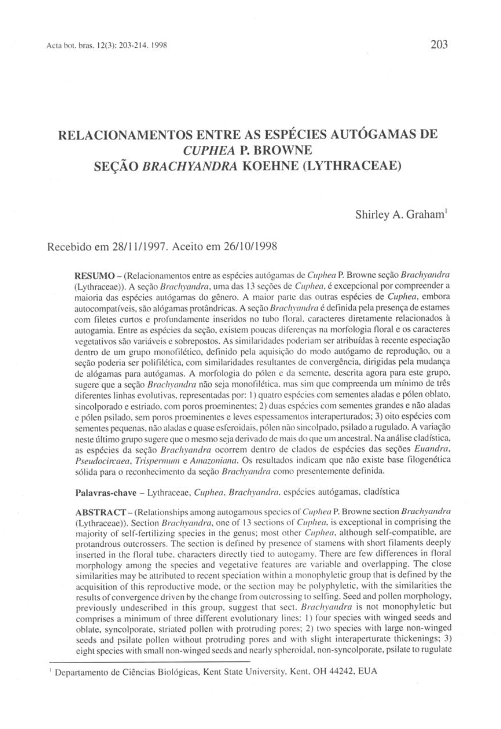 Relacionamentos Entre As Espécies Autógamas De Cuphea P. Browne Seção Brachyandra Koehne (Lythraceae)