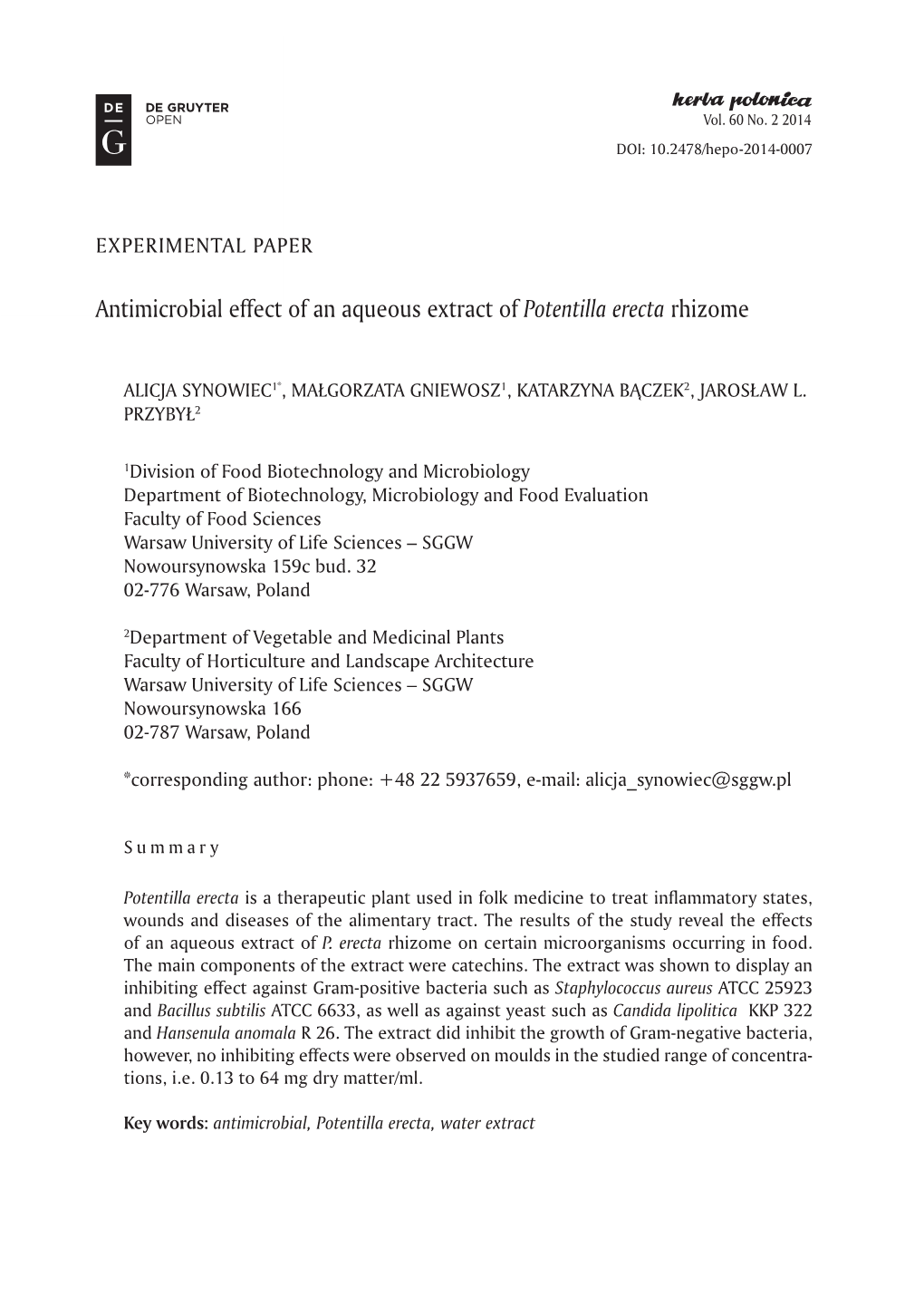 Antimicrobial Effect of an Aqueous Extract of Potentilla Erecta Rhizome