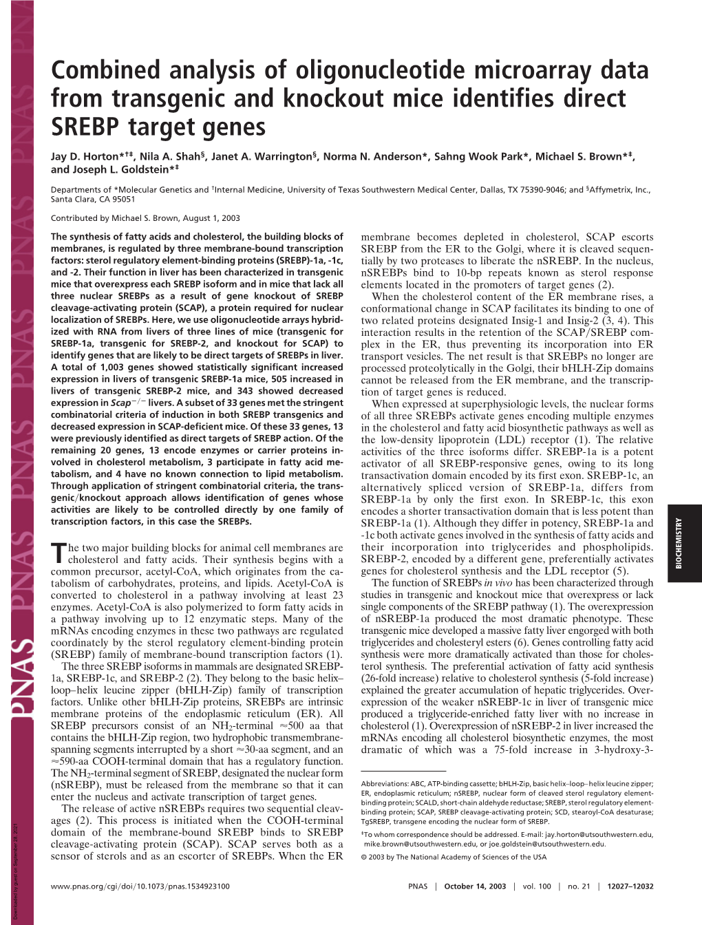 Combined Analysis of Oligonucleotide Microarray Data from Transgenic and Knockout Mice Identifies Direct SREBP Target Genes