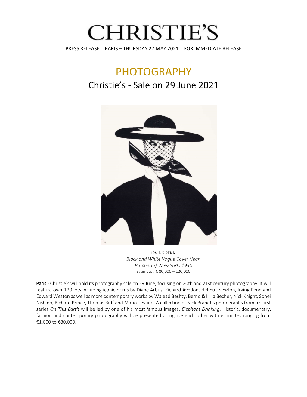 PHOTOGRAPHY Christie’S - Sale on 29 June 2021