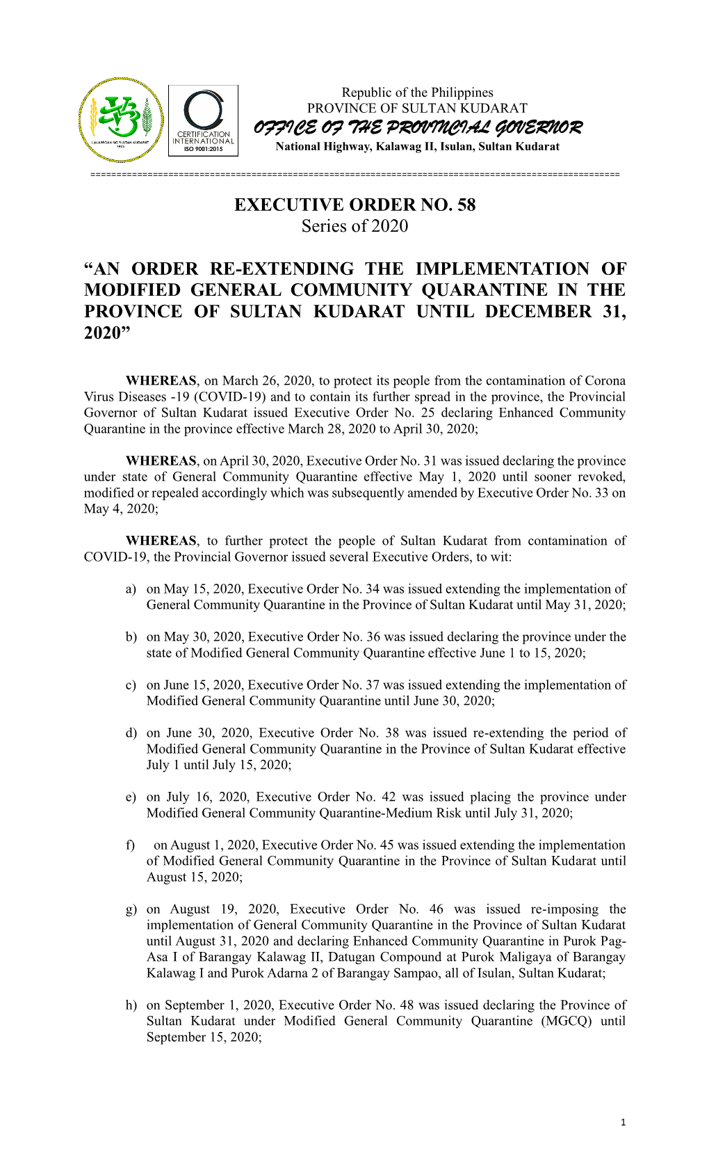 Executive Order No. 58, Sultan Kudarat Province