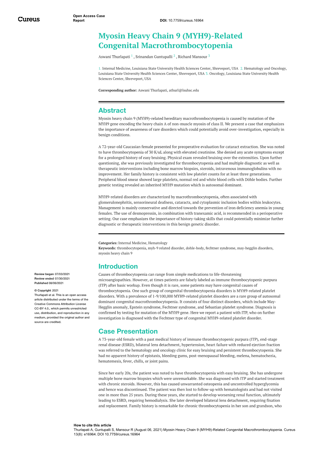 (MYH9)-Related Congenital Macrothrombocytopenia