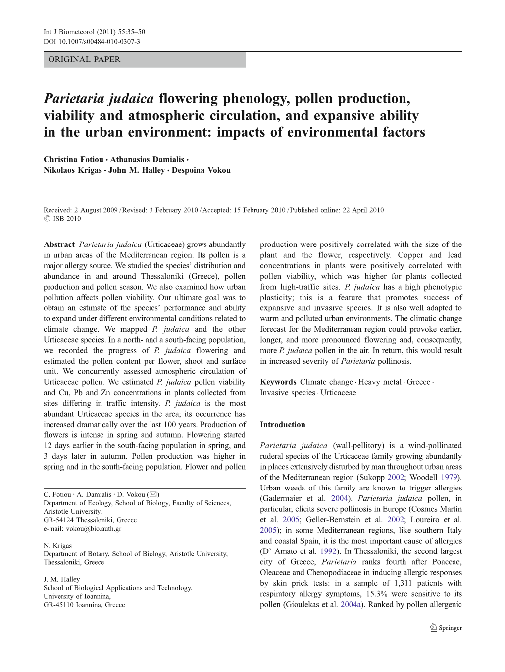 Parietaria Judaica Flowering Phenology, Pollen Production