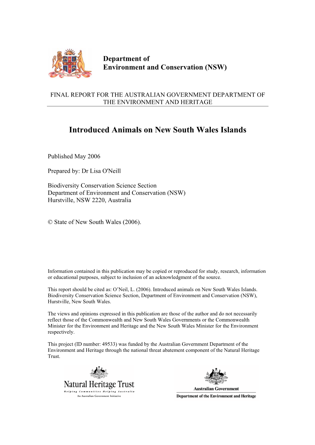 Introduced Animals on NSW Islands: Improving Australia’S Ability to Protect Its Island Habitats from Feral Animals (Project Number 49533)’