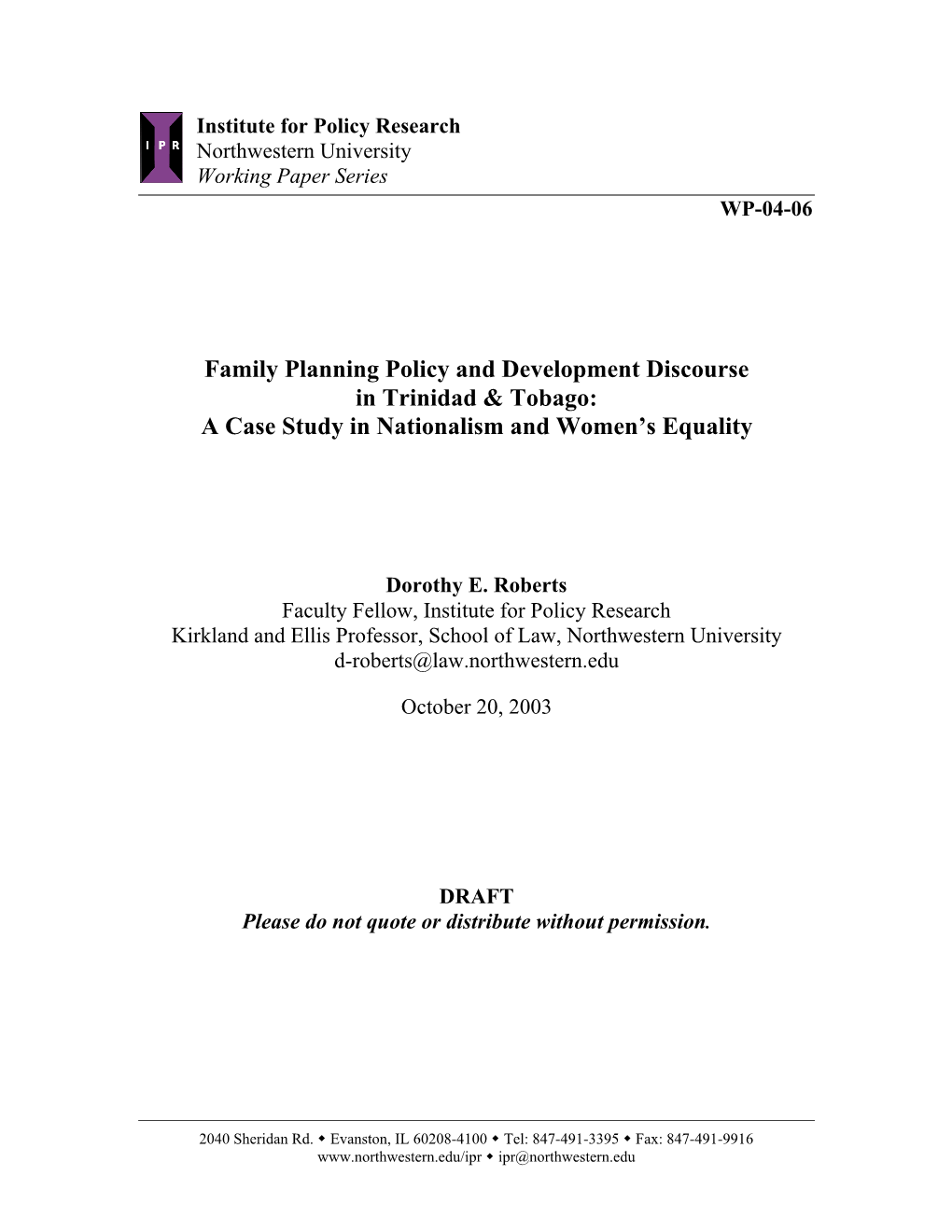 Family Planning Policy and Development Discourse in Trinidad & Tobago: a Case Study in Nationalism and Women's Equality