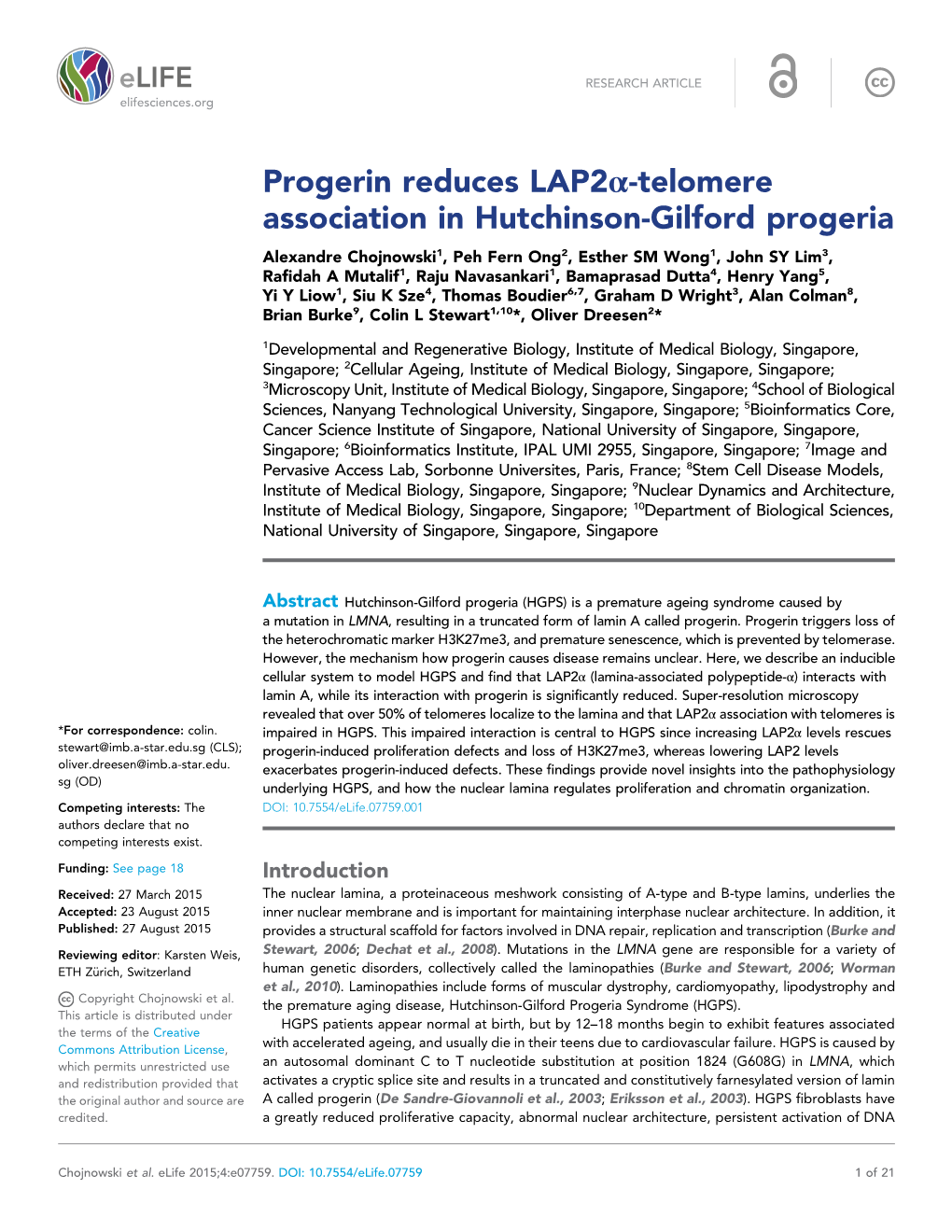 Progerin Reduces Lap2α-Telomere Association in Hutchinson-Gilford
