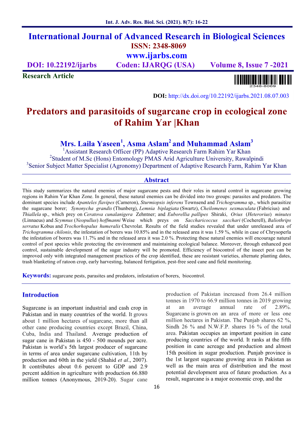 Predators and Parasitoids of Sugarcane Crop in Ecological Zone of Rahim Yar |Khan