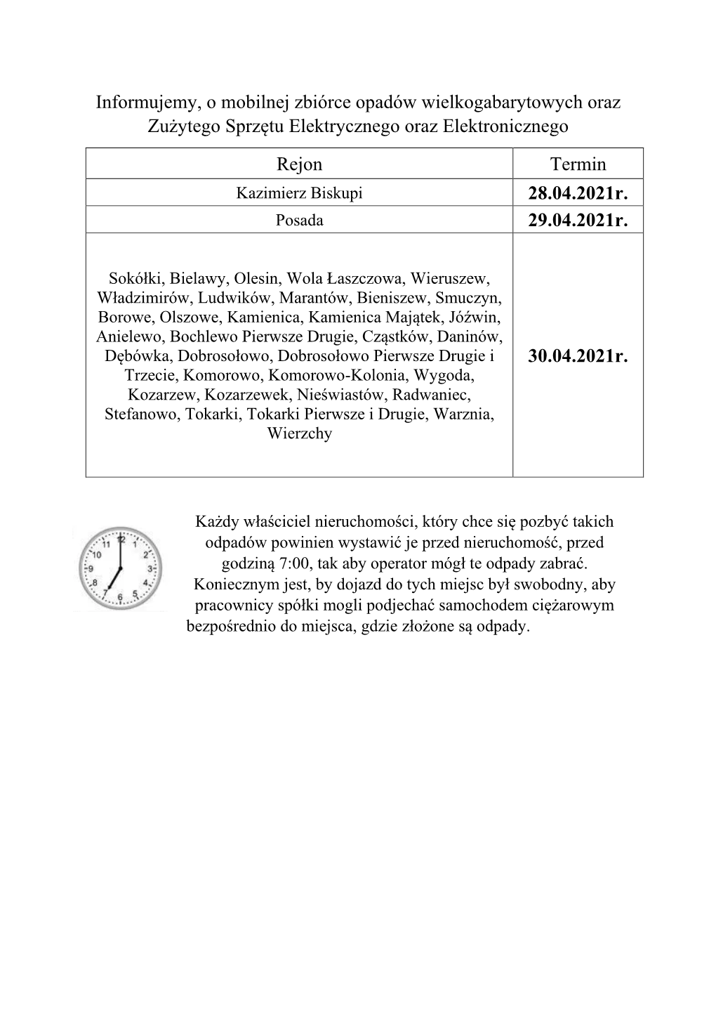 Informujemy, O Mobilnej Zbiórce Opadów Wielkogabarytowych Oraz Zużytego Sprzętu Elektrycznego Oraz Elektronicznego Rejon Termin Kazimierz Biskupi 28.04.2021R