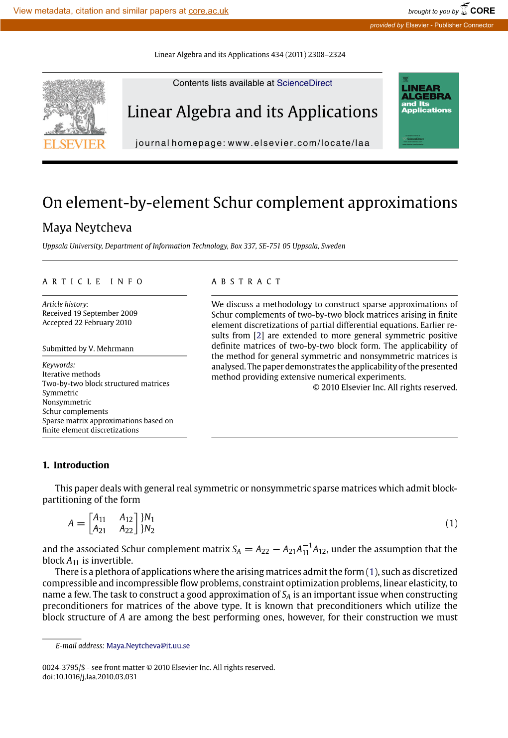 On Element-By-Element Schur Complement Approximations Maya Neytcheva