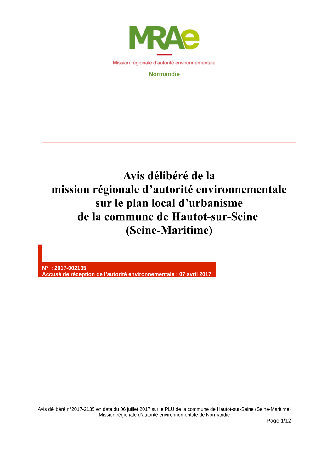 Avis Délibéré De La Mission Régionale D'autorité Environnementale Sur Le