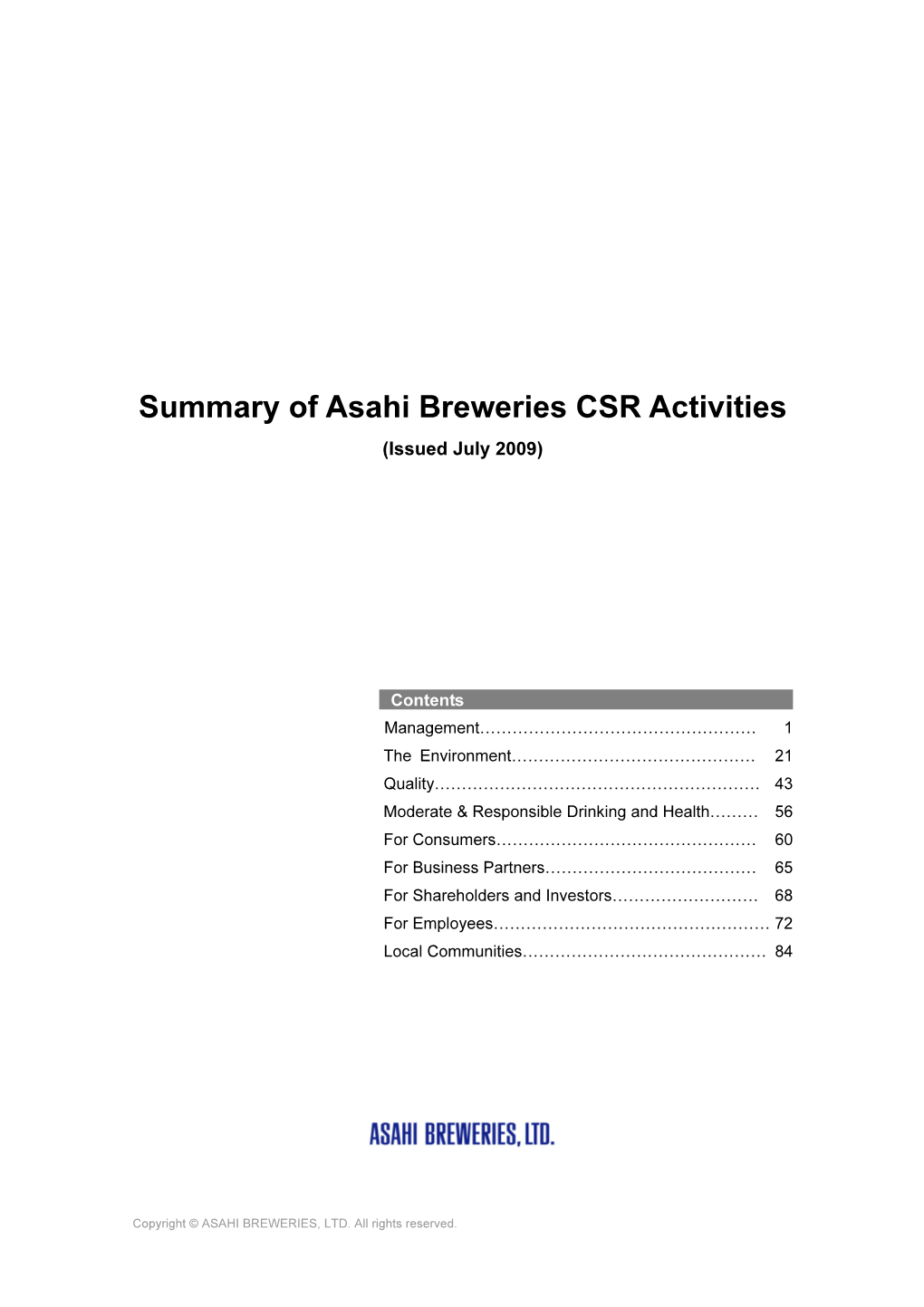 Summary of Asahi Breweries CSR Activities