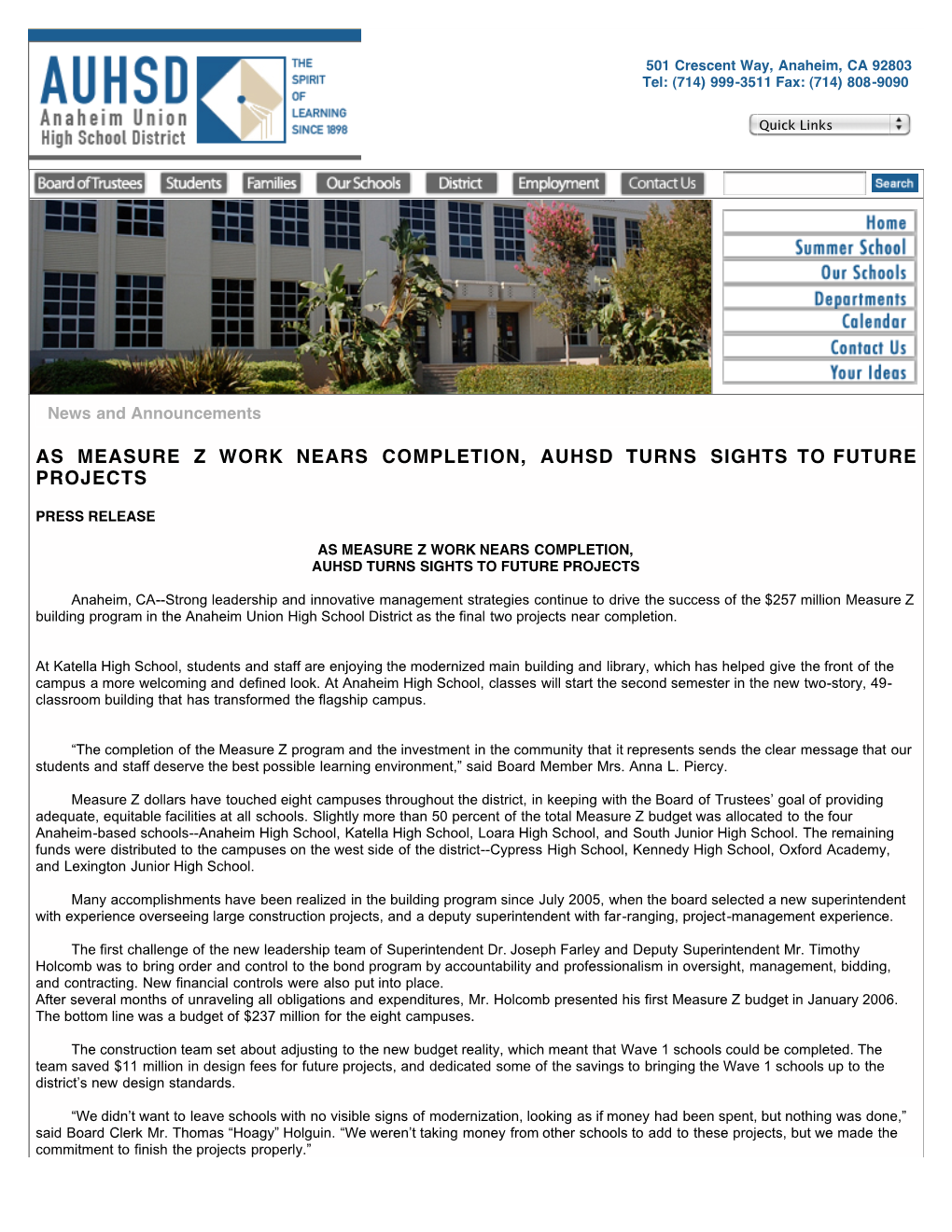 Anaheim Union High School District As the Final Two Projects Near Completion