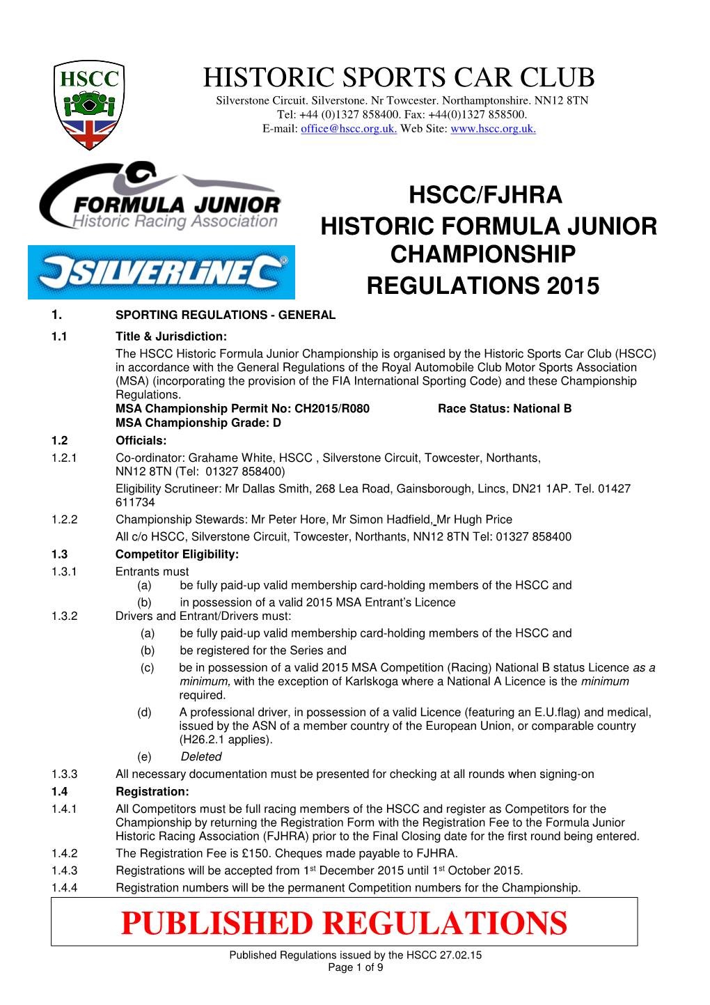 Hscc/Fjhra Historic Formula Junior Championship Regulations 2015 1