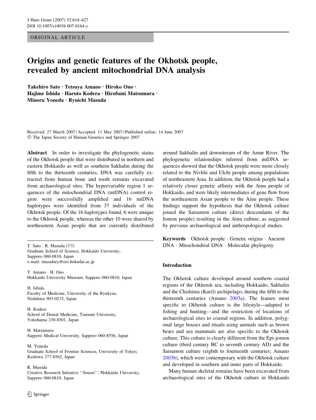 Origins and Genetic Features of the Okhotsk People, Revealed by Ancient Mitochondrial DNA Analysis