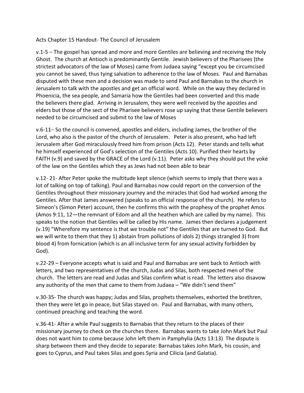 Acts Chapter 15 Handout- the Council of Jerusalem V.1-5 – the Gospel Has Spread and More and More Gentiles Are Believing and Receiving the Holy Ghost