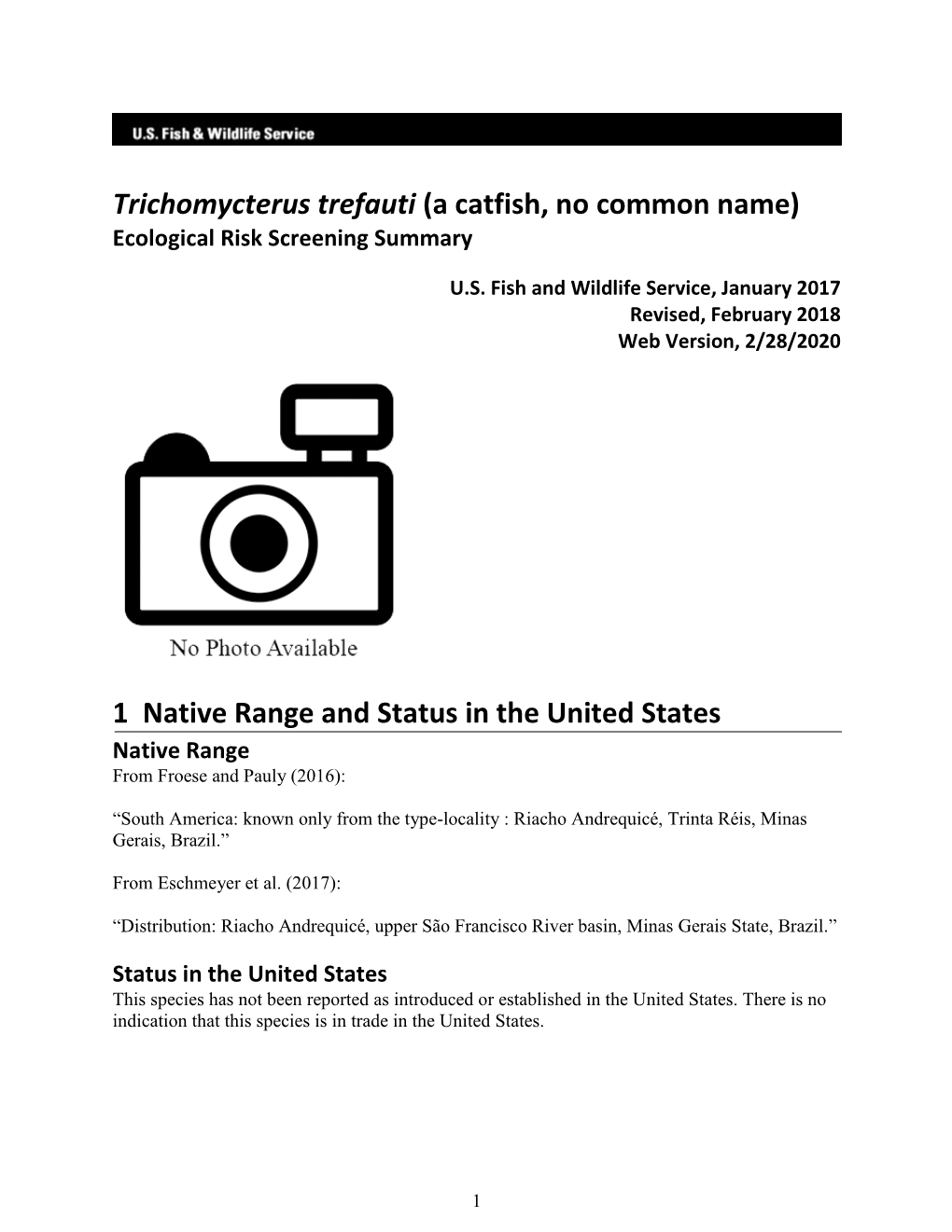 Trichomycterus Trefauti (A Catfish, No Common Name) Ecological Risk Screening Summary