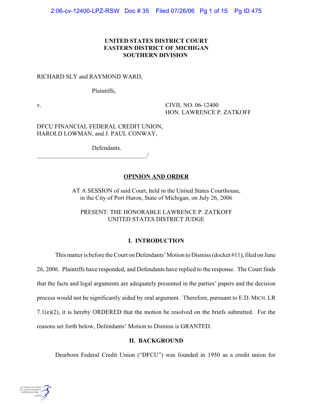 2:06-Cv-12400-LPZ-RSW Doc # 35 Filed 07/26/06 Pg 1 of 15 Pg ID 475