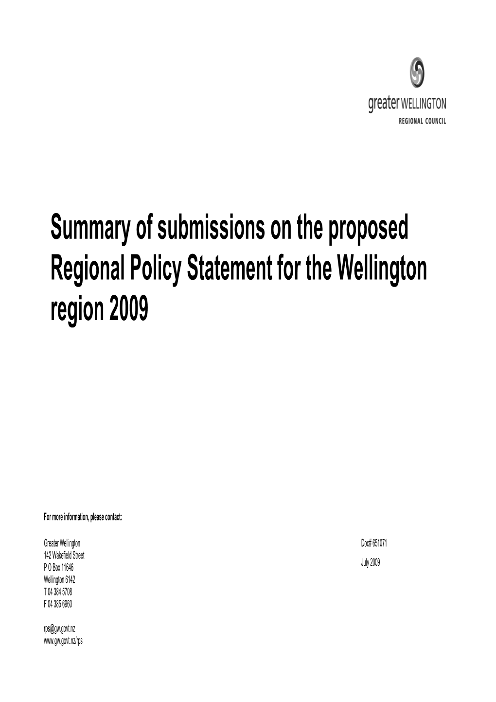 Summary of Submissions on the Proposed Regional Policy Statement for the Wellington Region 2009