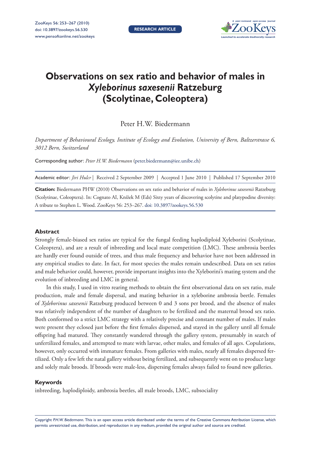 Observations on Sex Ratio and Behavior of Males in Xyleborinus Saxesenii Ratzeburg (Scolytinae, Coleoptera)