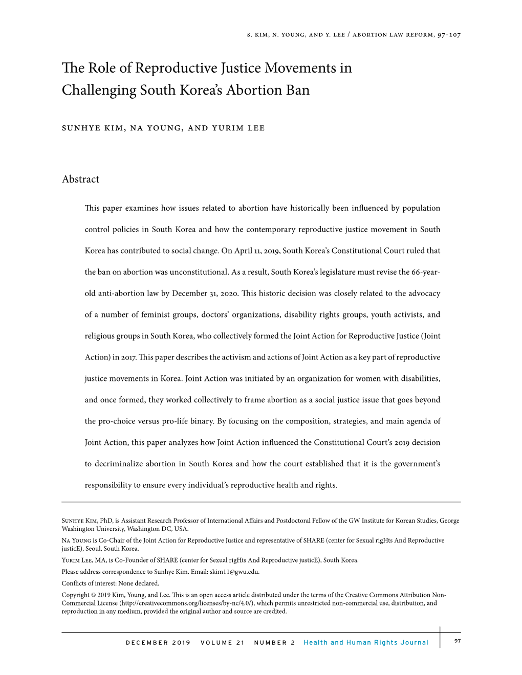 The Role of Reproductive Justice Movements in Challenging South Korea’S Abortion Ban Sunhye Kim, Na Young, and Yurim Lee