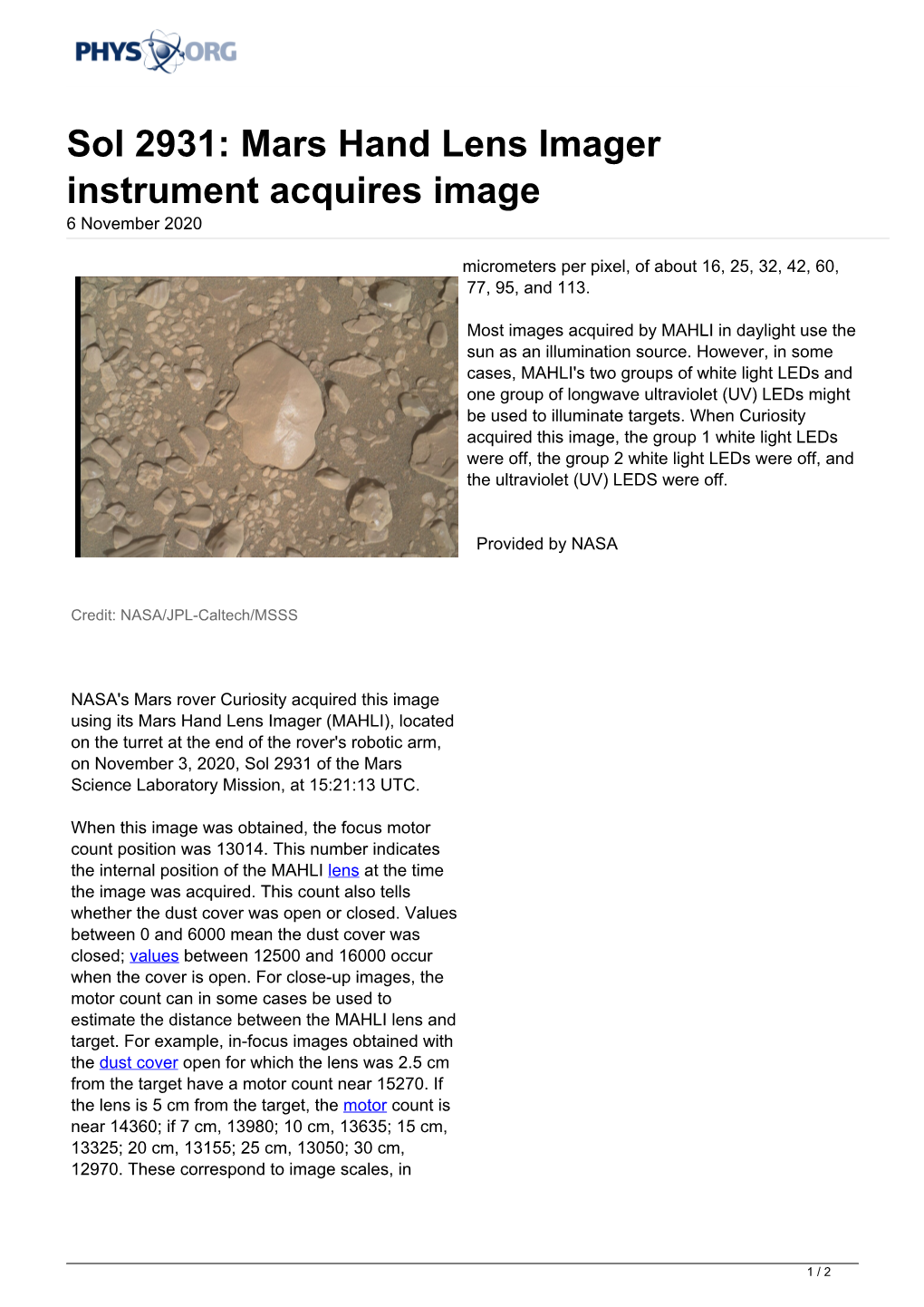 Mars Hand Lens Imager Instrument Acquires Image 6 November 2020