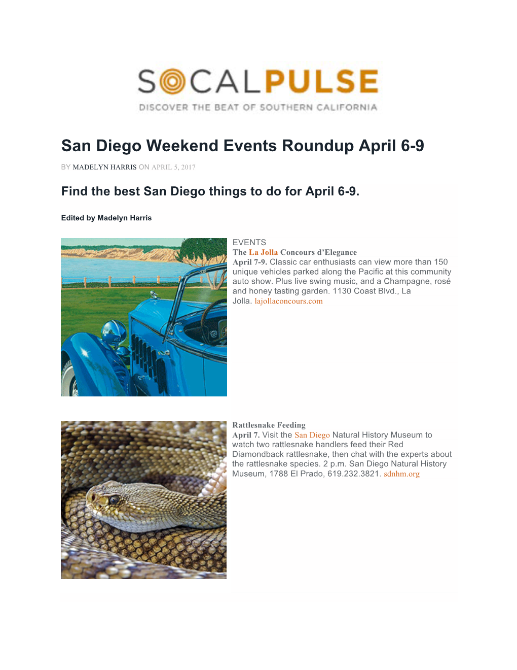 San Diego Weekend Events Roundup April 6-9