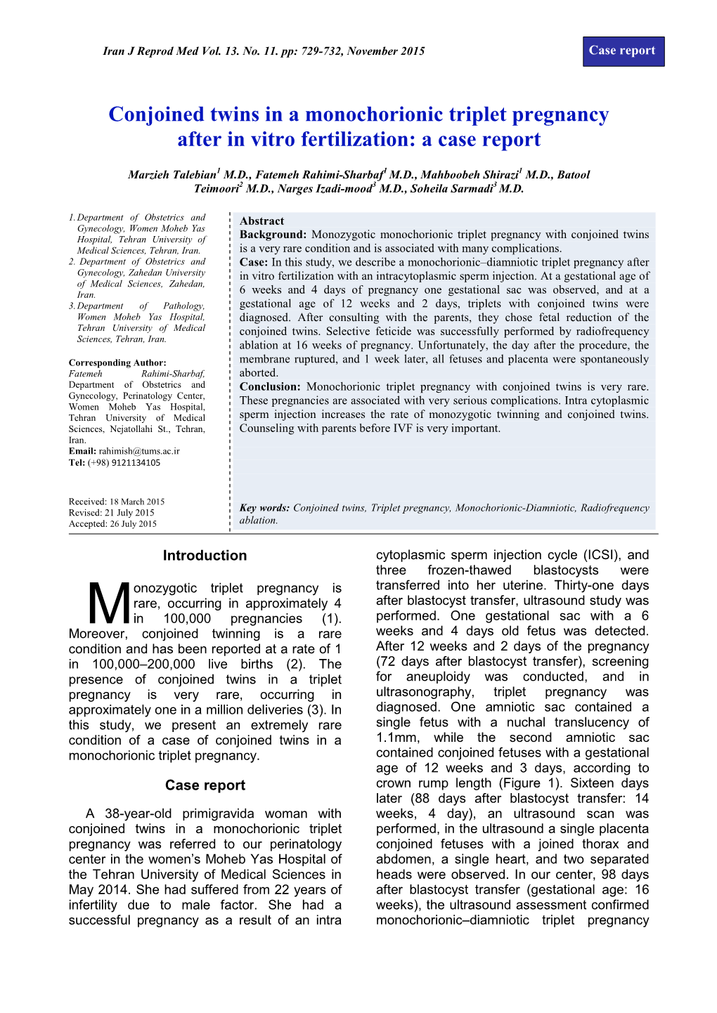 Conjoined Twins in a Monochorionic Triplet Pregnancy After in Vitro Fertilization: a Case Report