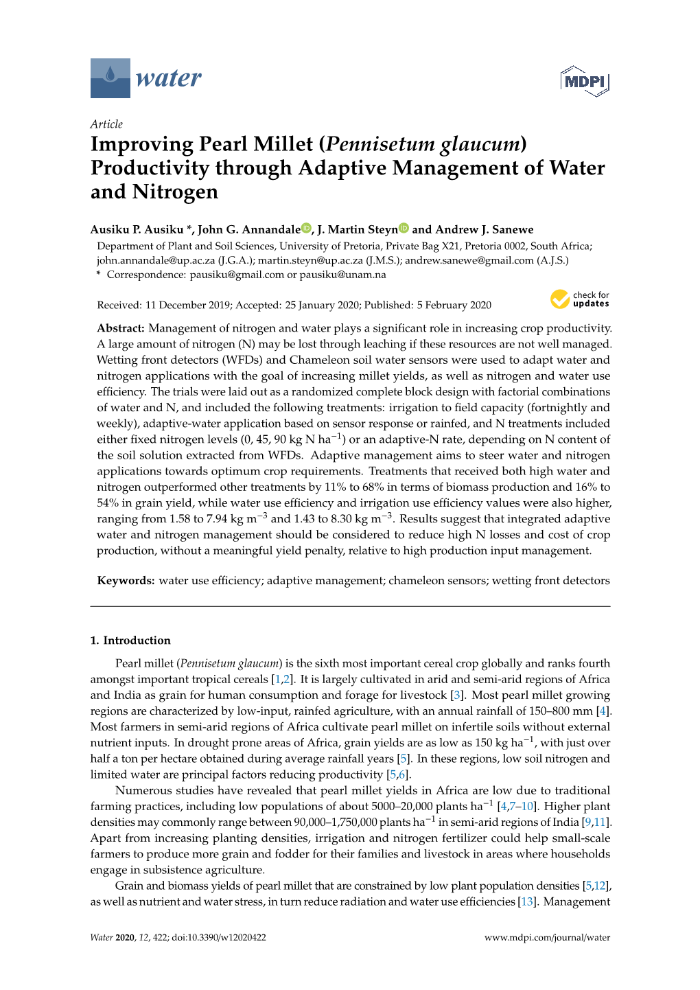 Improving Pearl Millet (Pennisetum Glaucum) Productivity Through Adaptive Management of Water and Nitrogen