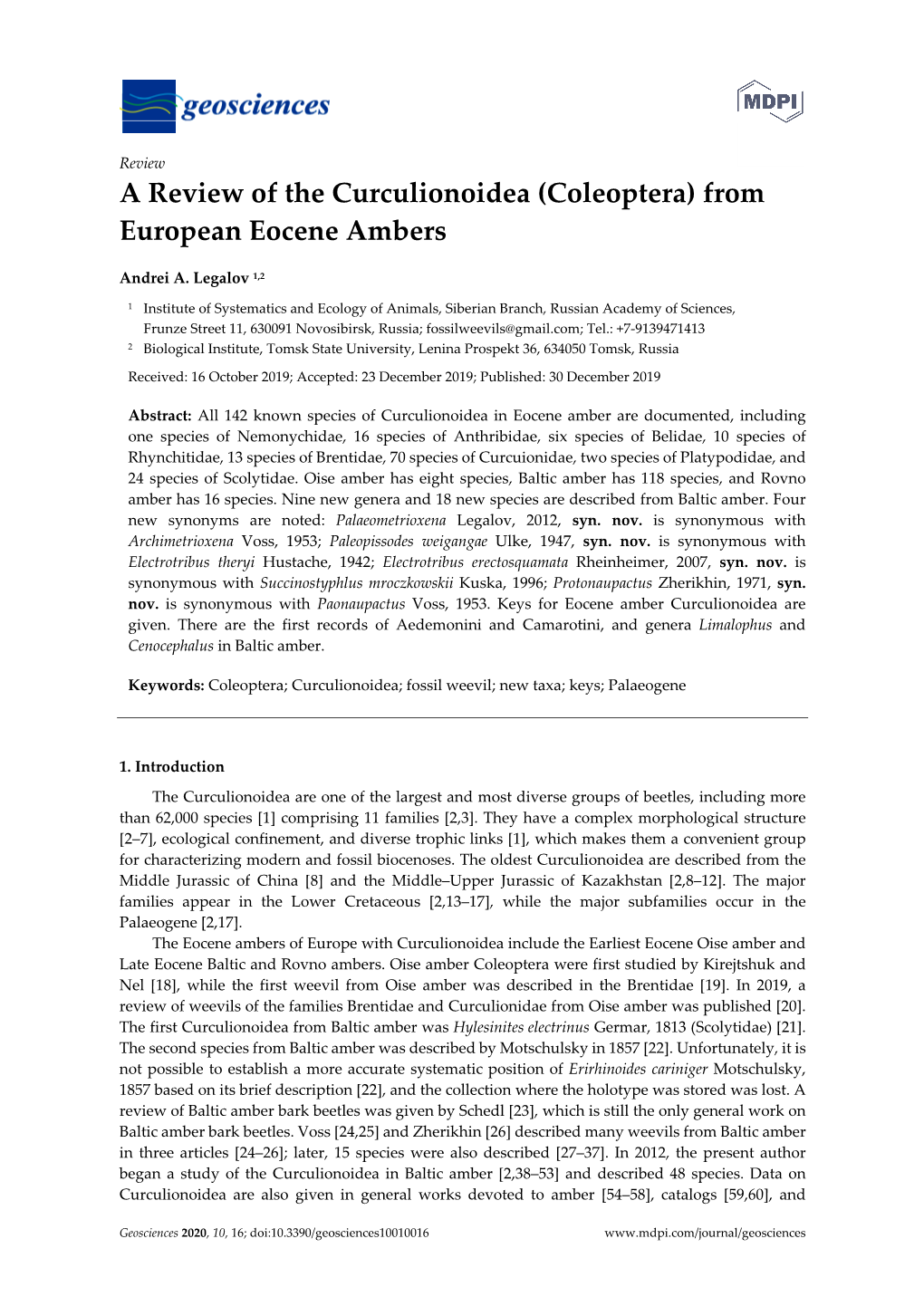 A Review of the Curculionoidea (Coleoptera) from European Eocene Ambers