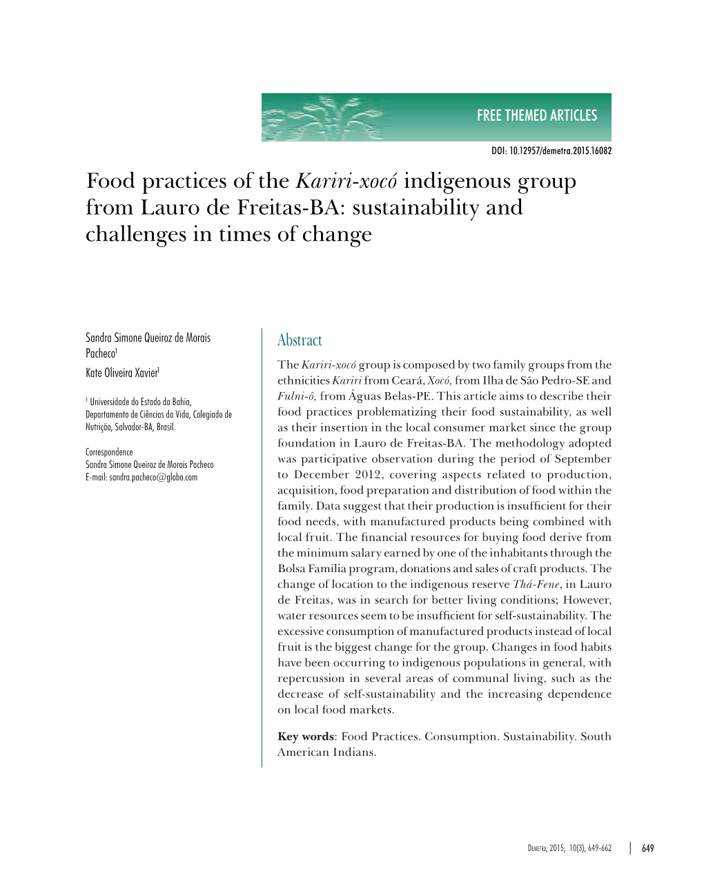 Food Practices of the Kariri-Xocó Indigenous Group from Lauro De Freitas-BA: Sustainability and Challenges in Times of Change