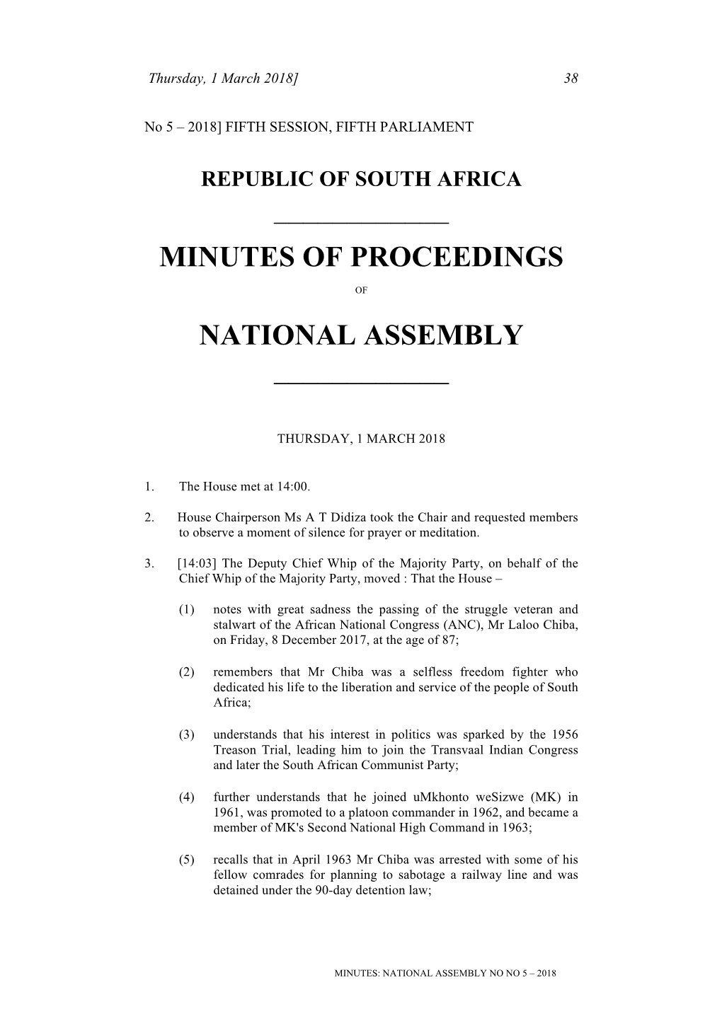 Minutes of Proceedings National Assembly