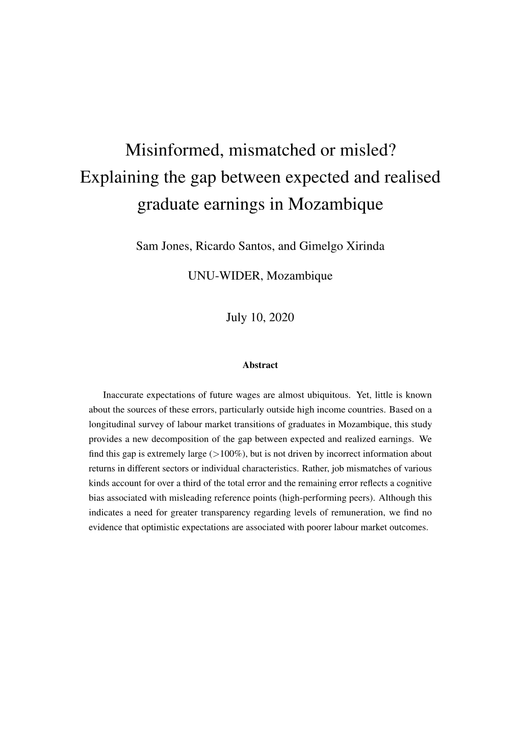 Misinformed, Mismatched Or Misled? Explaining the Gap Between Expected and Realised Graduate Earnings in Mozambique
