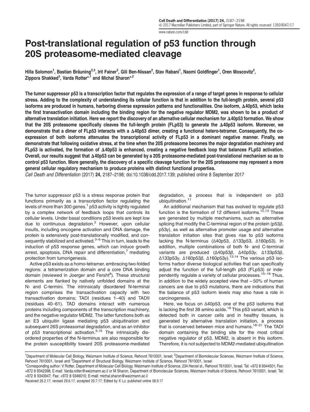 Post-Translational Regulation of P53 Function Through 20S Proteasome-Mediated Cleavage