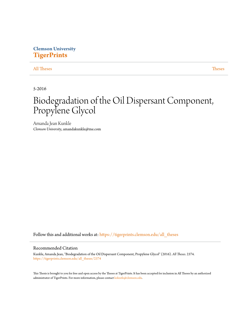 Biodegradation of the Oil Dispersant Component, Propylene Glycol Amanda Jean Kunkle Clemson University, Amandakunkle@Me.Com