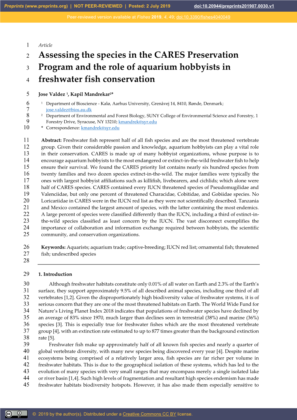 Assessing the Species in the CARES Preservation Program and the Role of Aquarium Hobbyists in Freshwater Fish Conservation