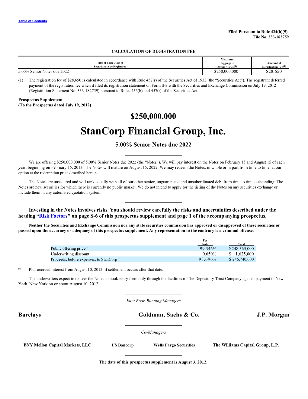 Stancorp Financial Group, Inc. 5.00% Senior Notes Due 2022