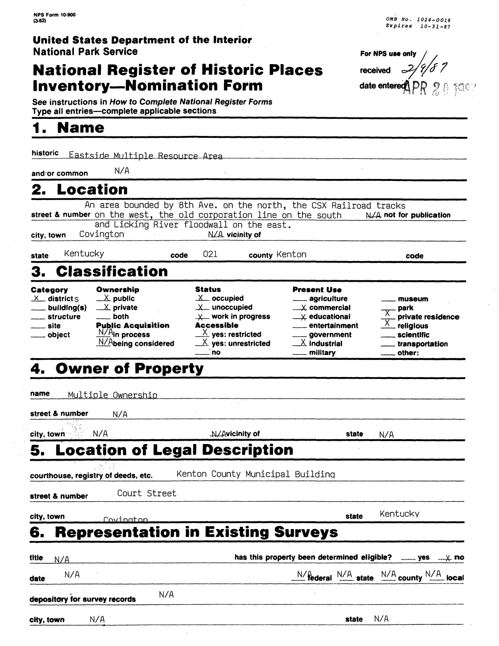 National Register of Historic Places Inventory Nomination Form Eastside Multiple Resource Area Continuation Sheet Coving Ton