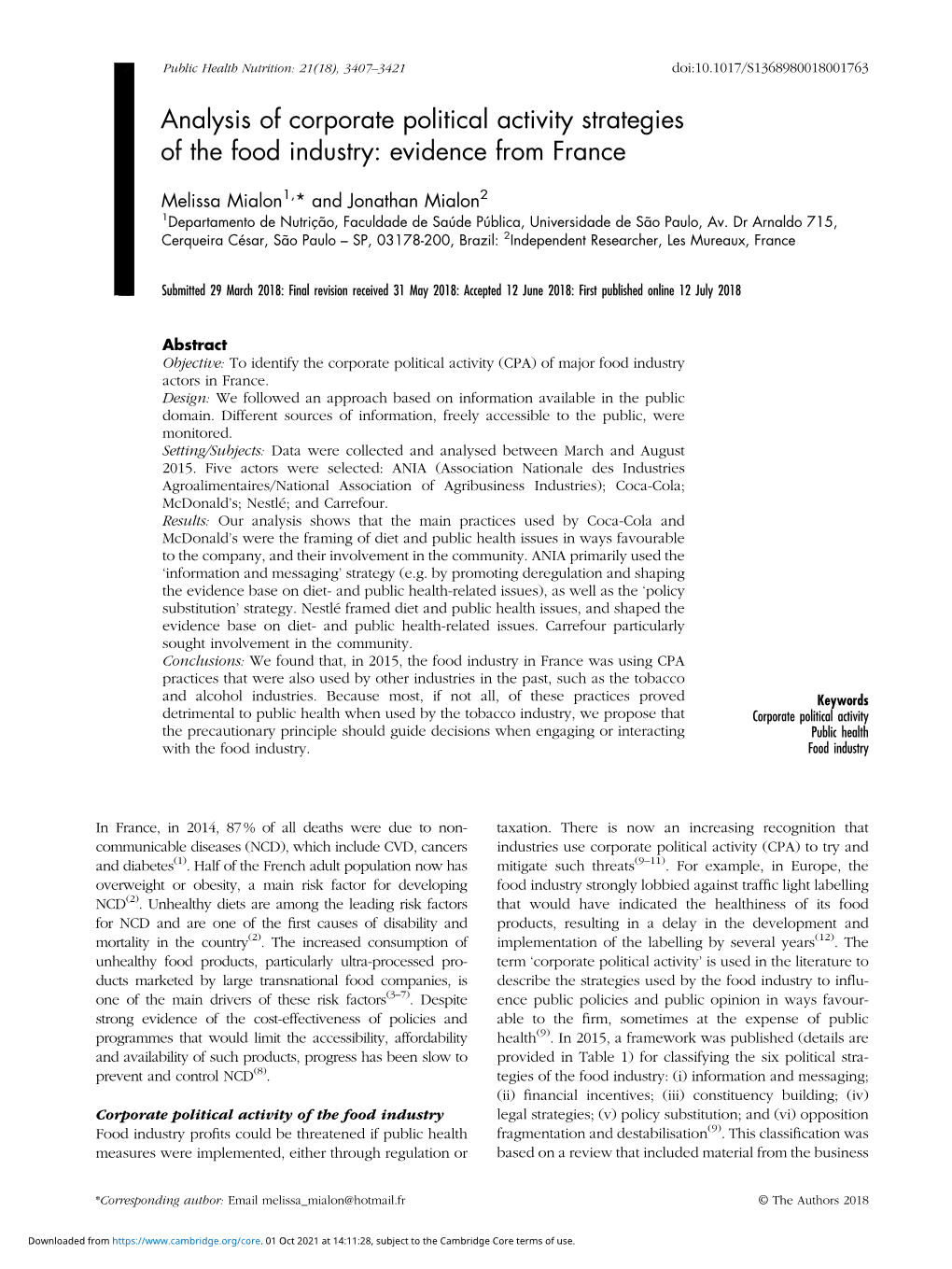 Analysis of Corporate Political Activity Strategies of the Food Industry: Evidence from France