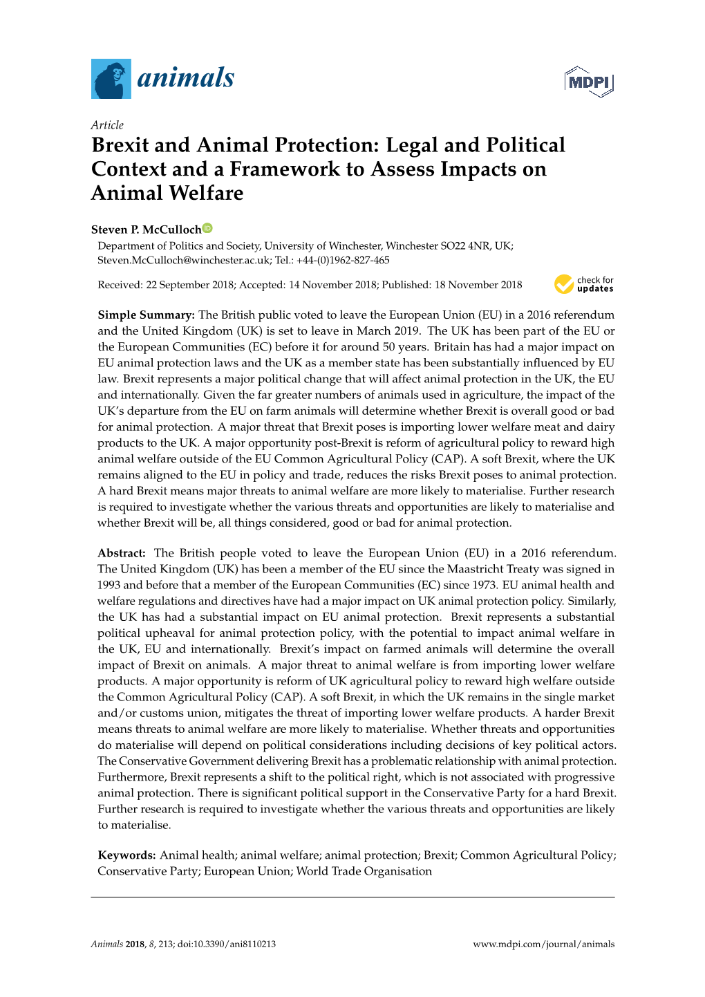 Brexit and Animal Protection: Legal and Political Context and a Framework to Assess Impacts on Animal Welfare