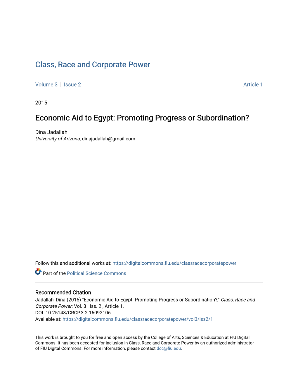 Economic Aid to Egypt: Promoting Progress Or Subordination?