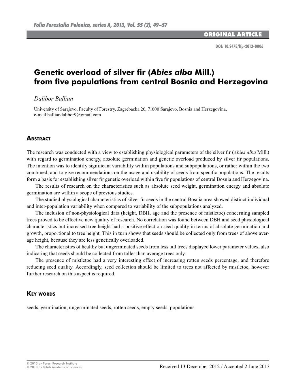 Genetic Overload of Silver Fir (Abies Alba Mill.) from Five Populations from Central Bosnia and Herzegovina