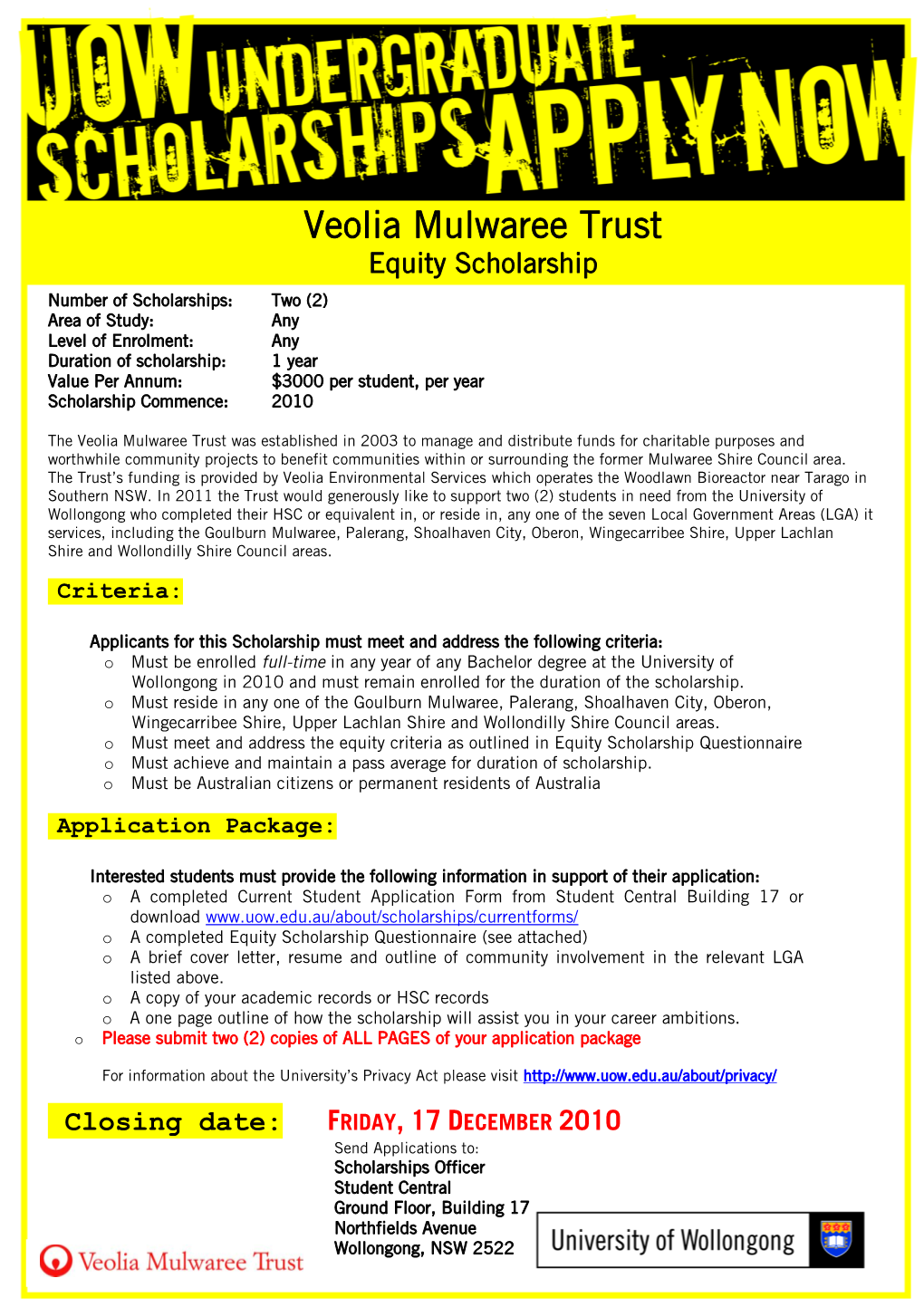 Veolia Mulwaree Trust Equity Scholarship