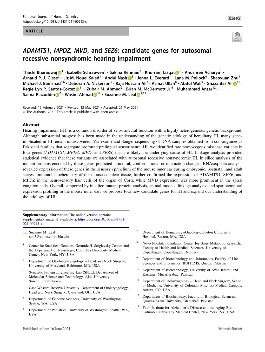 ADAMTS1, MPDZ, MVD, and SEZ6: Candidate Genes for Autosomal Recessive Nonsyndromic Hearing Impairment