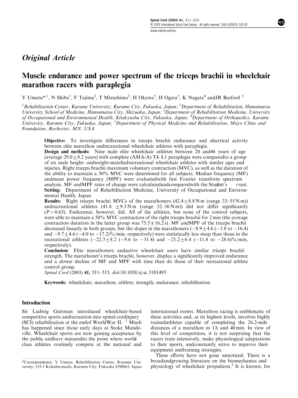 Muscle Endurance and Power Spectrum of the Triceps Brachii in Wheelchair Marathon Racers with Paraplegia